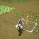 A Harvestella character plants carrots at a garden plot.